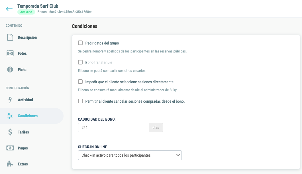Pestaña Condiciones: caducidad de 244 días, una temporada completa desde la compra.