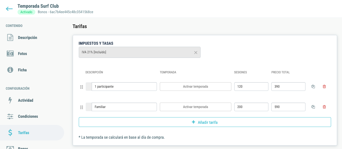 Pestaña Tarifas: dos modalidades, «1 participante» (120 sesiones) y «Familiar» (200 sesiones), cada una con su precio total.