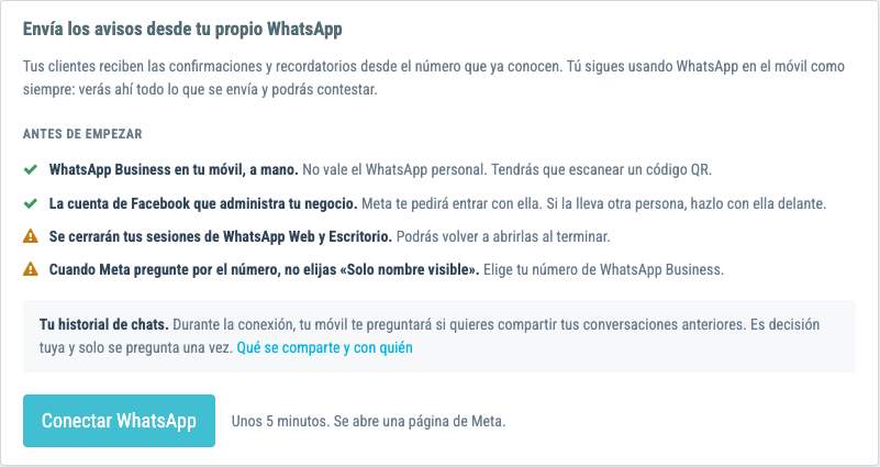 Pestaña WhatsApp antes de conectar el número