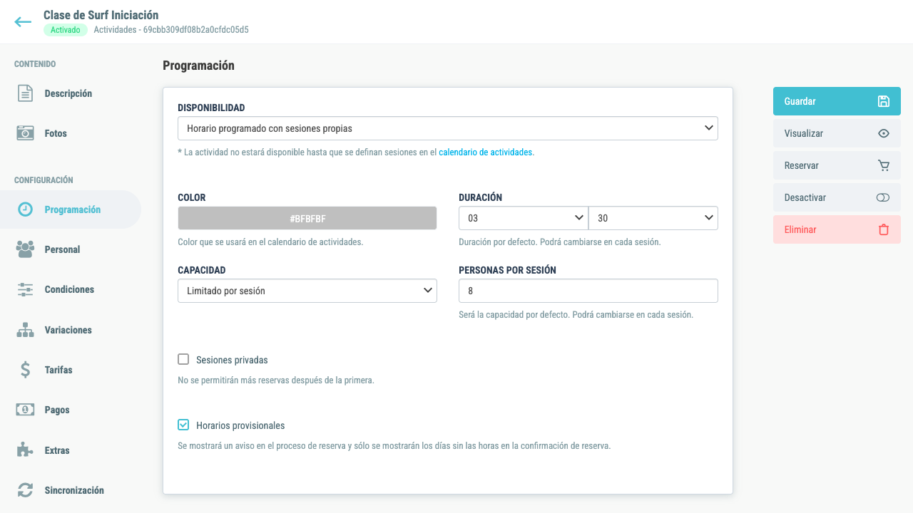 Pestaña Programación de una actividad con sesiones propias