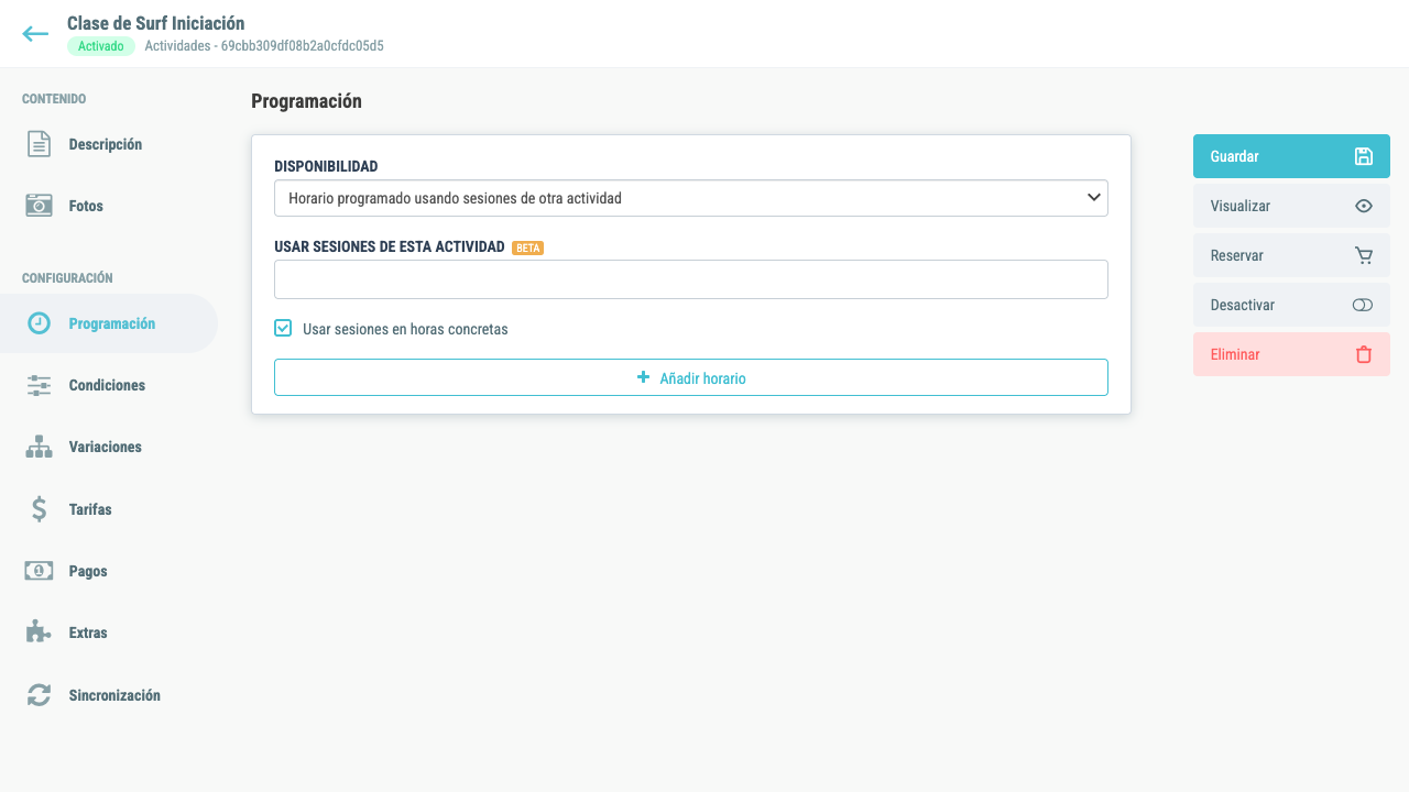 Checkbox "Usar sesiones en horas concretas" activado