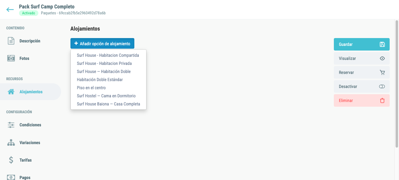 Dropdown mostrando los alojamientos disponibles
