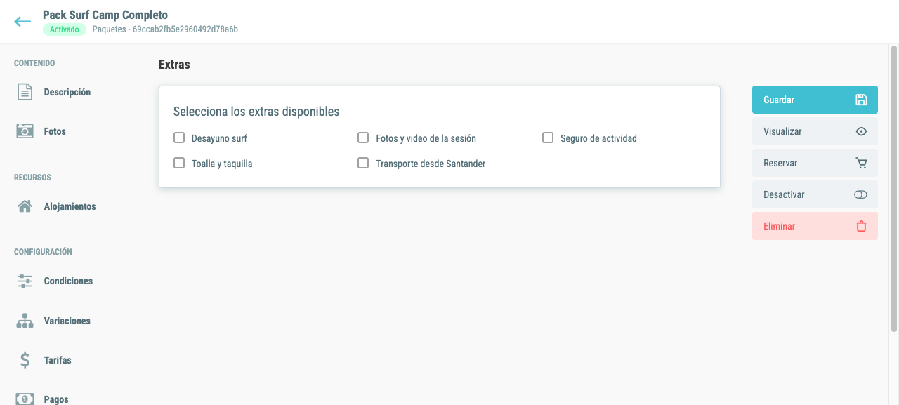 Tab Extras mostrando la lista de extras disponibles