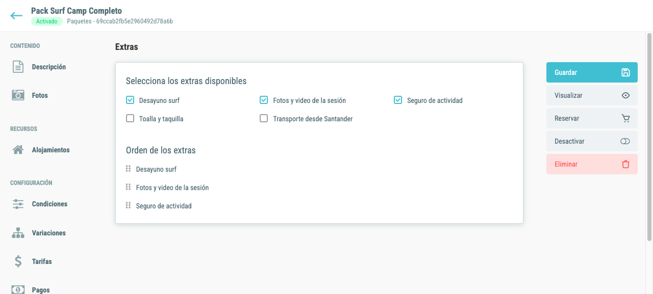 Extras seleccionados con la sección de orden