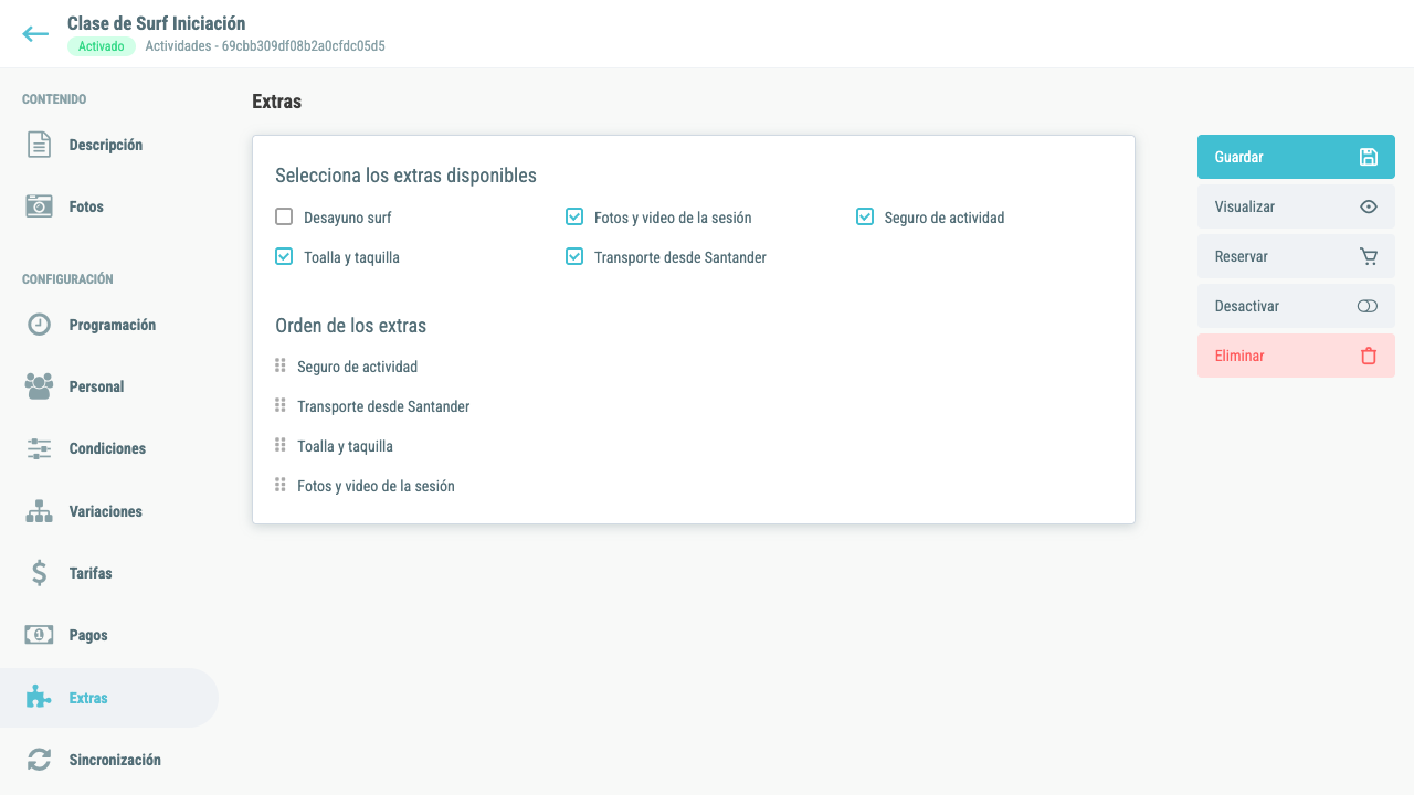 Pestaña de extras dentro de una actividad, con checkboxes para seleccionar extras y opción de reordenar