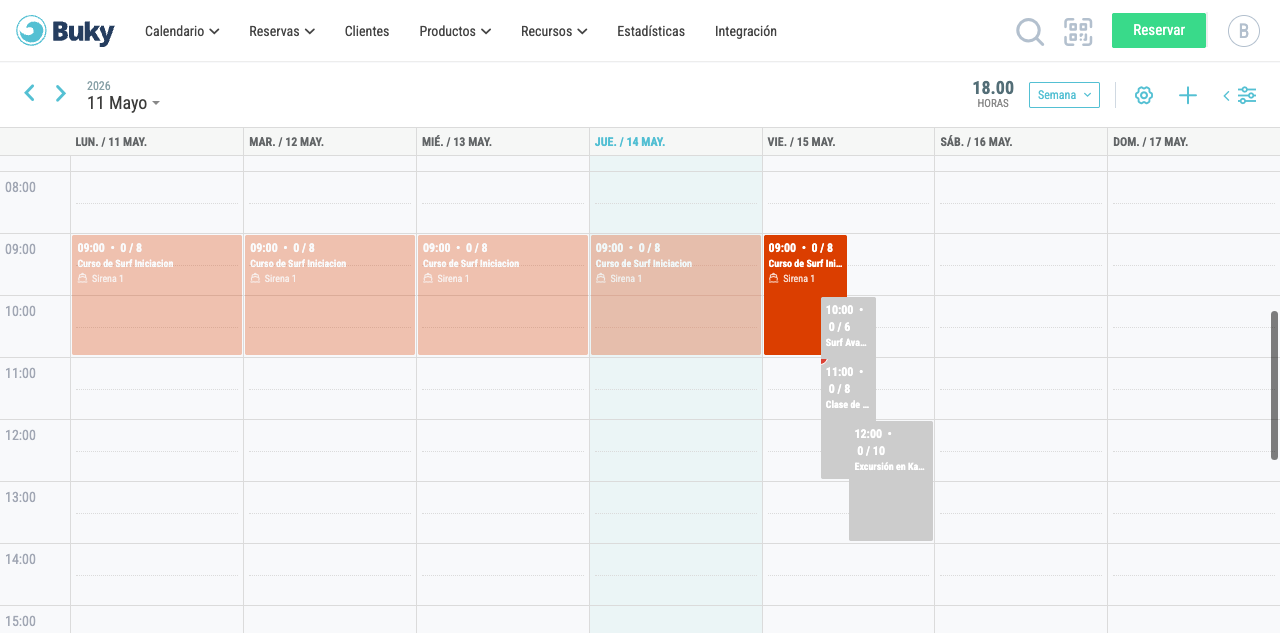Vista semanal del calendario con las sesiones distribuidas por días