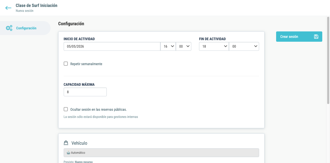 Formulario de creación de sesión con campos de fecha, hora, capacidad y vehículo