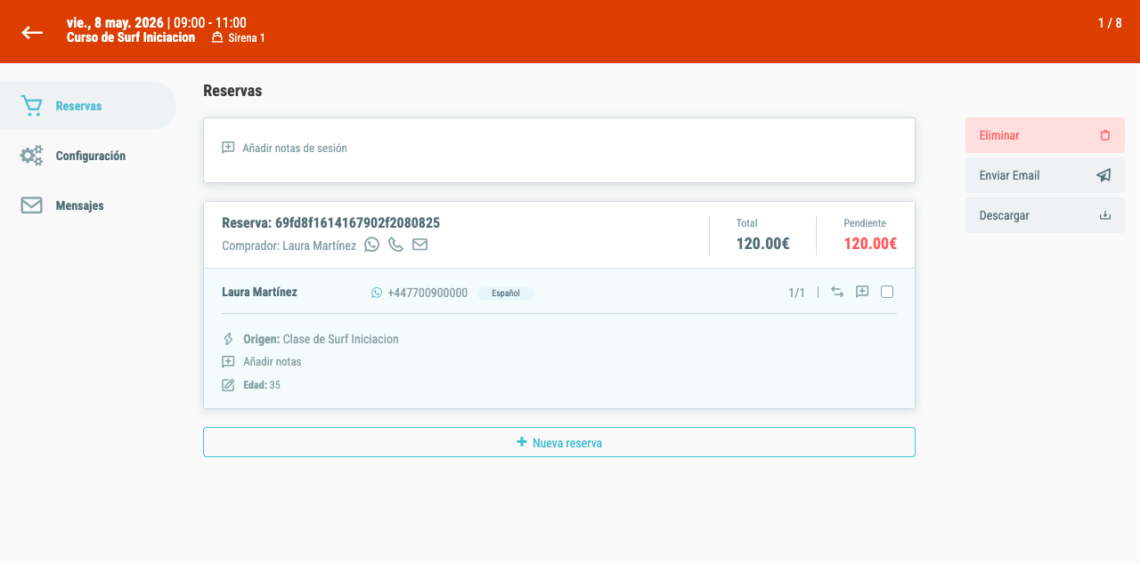 Panel de una sesión existente con tab de Reservas mostrando reserva con datos del cliente y total