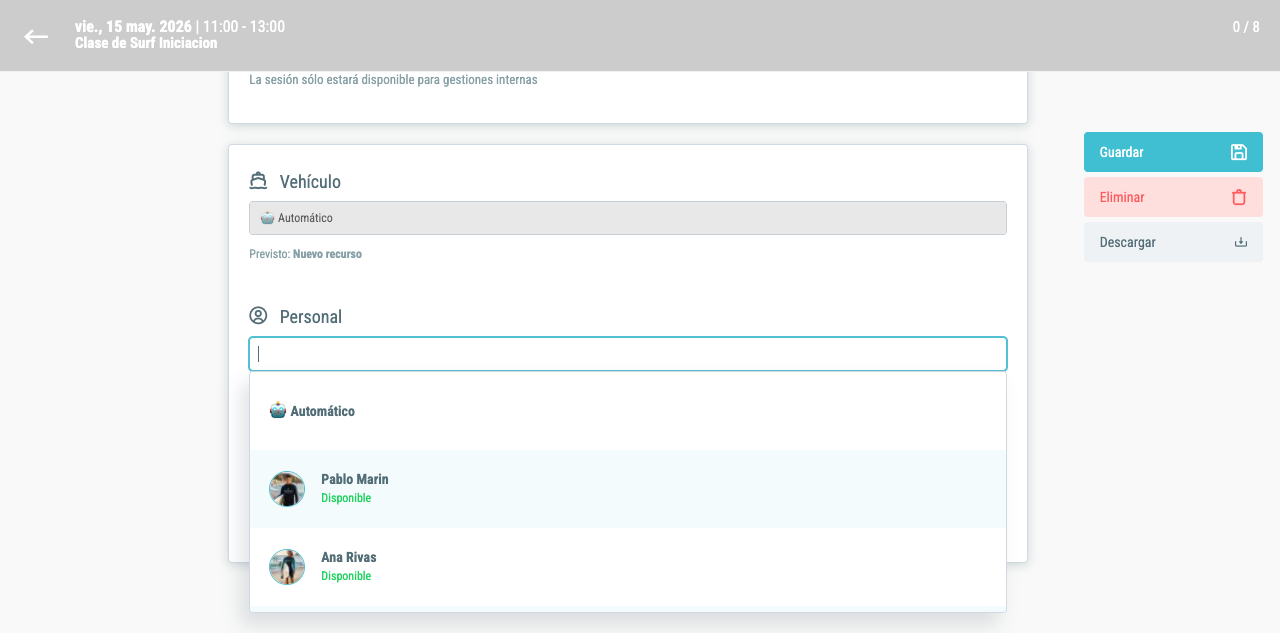 Selector de personal con la opción Automático y lista de monitores disponibles