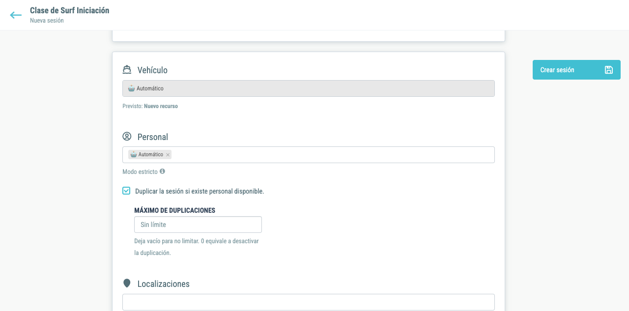 Formulario de creación con checkbox de duplicar sesión y campo de máximo de duplicaciones