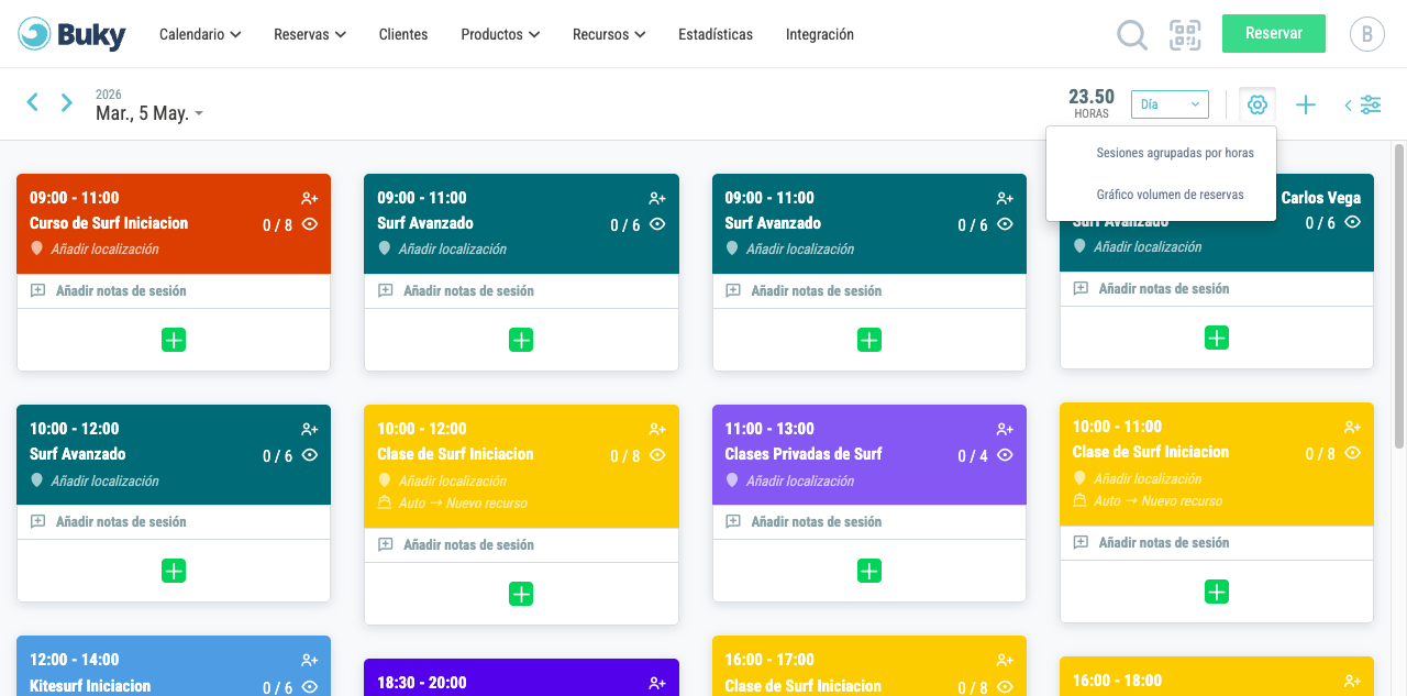 Desplegable de opciones del calendario