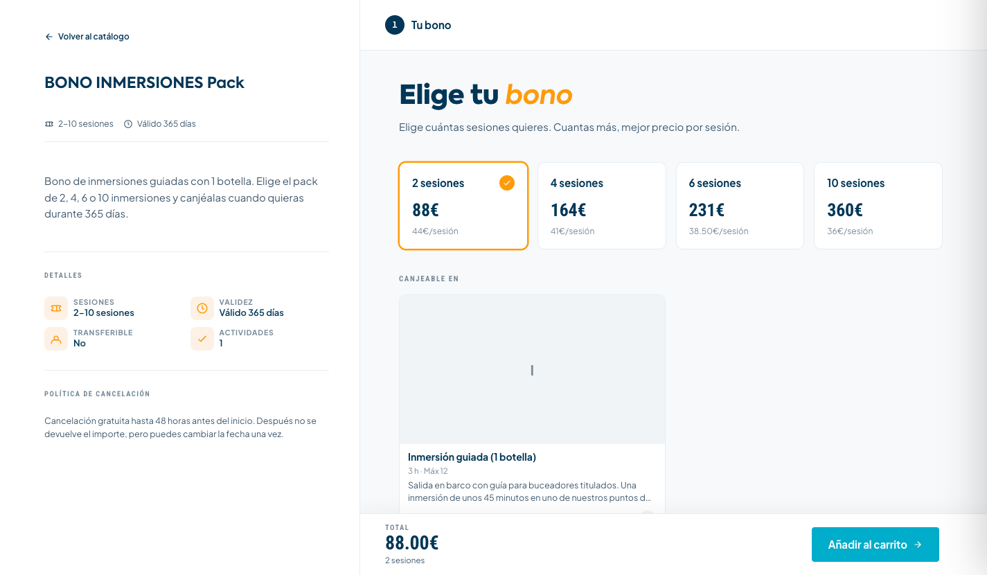 Así lo ve el cliente en tu tienda: elige el volumen por número de sesiones, con el precio por sesión calculado, y ve en qué inmersión puede canjearlo