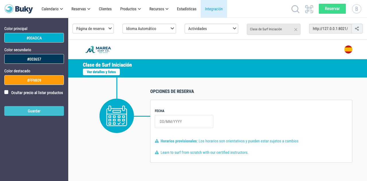 Desde Integración > Página de reserva puedes seleccionar un producto y copiar su URL directa