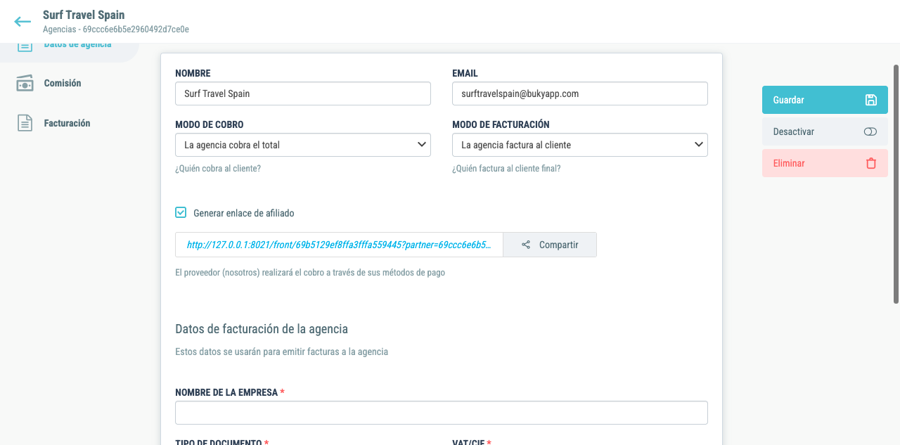 Checkbox Generar enlace de afiliado activado y enlace generado