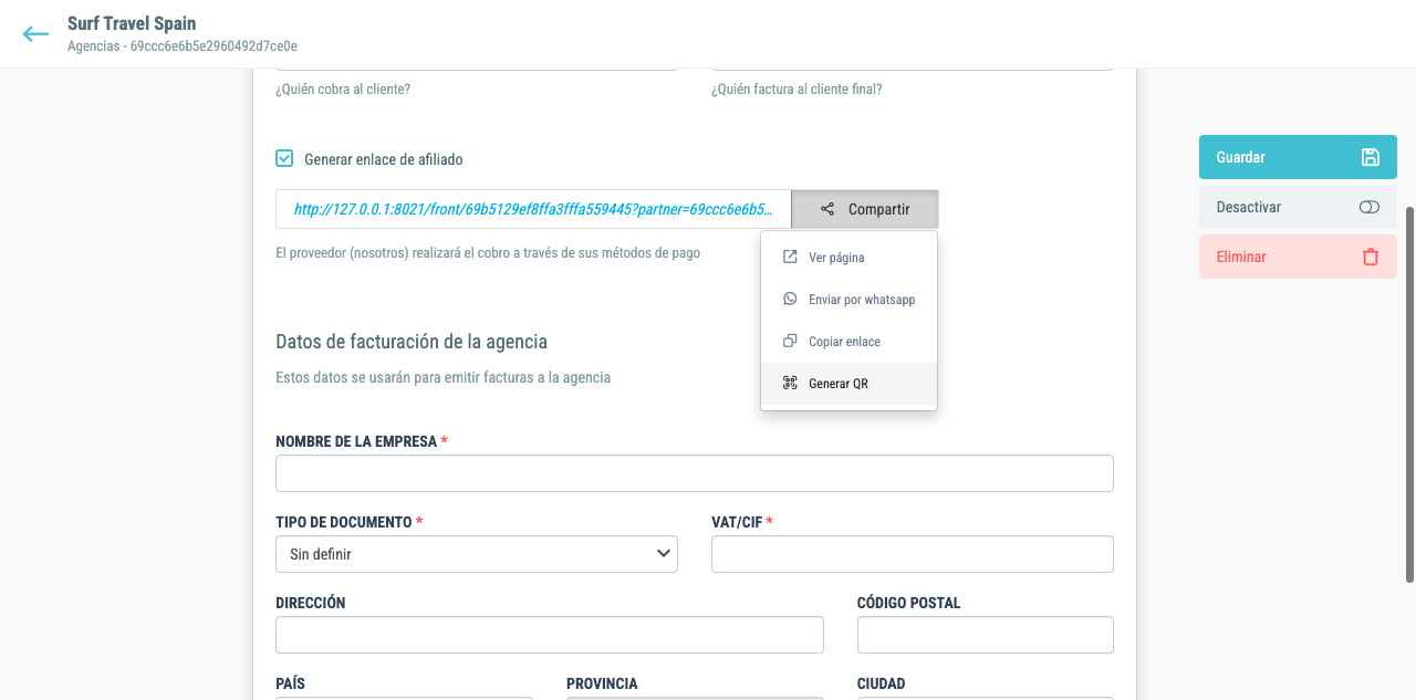 Opciones de compartir: Ver página, WhatsApp, Copiar enlace, Generar QR