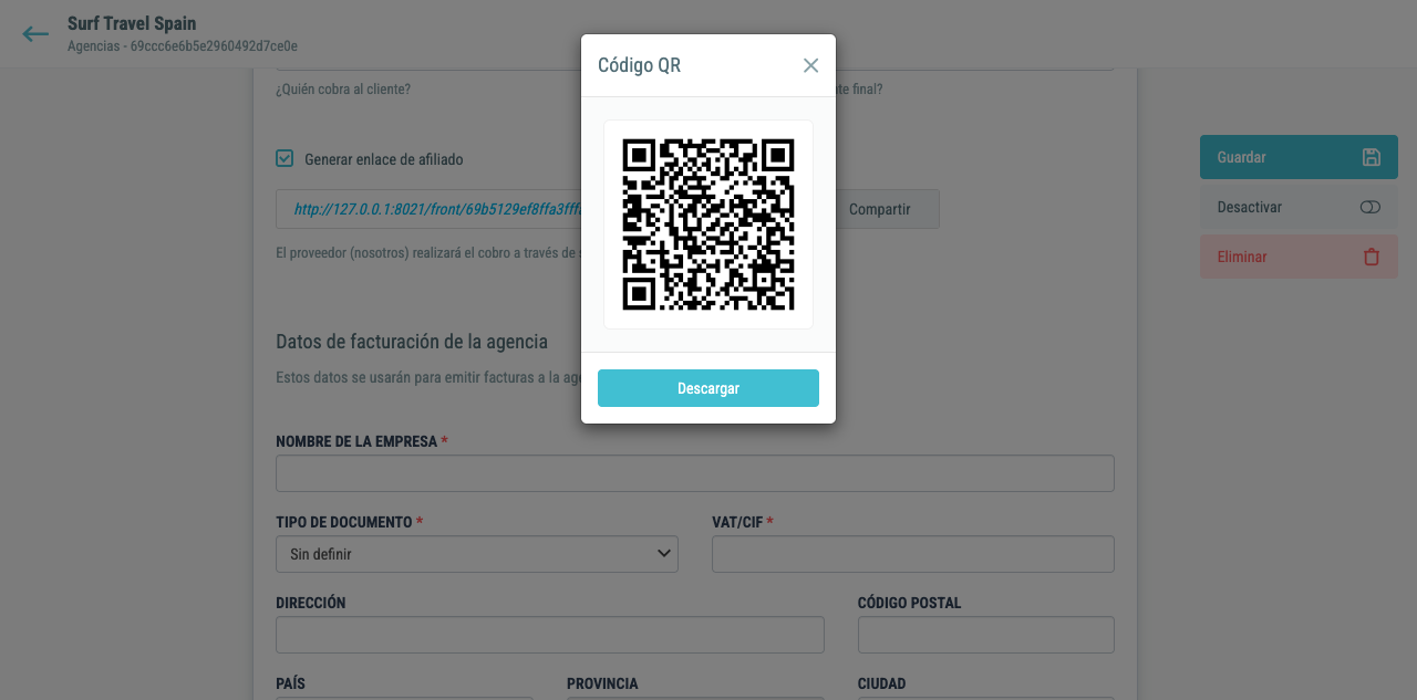 Modal con el código QR generado y botón de descarga
