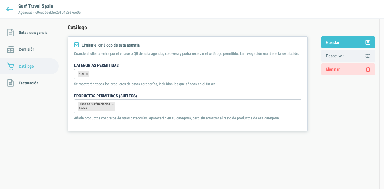 Pestaña «Catálogo» de la agencia: catálogo limitado a la categoría «Surf» más el producto suelto «Clase de Surf Iniciación»
