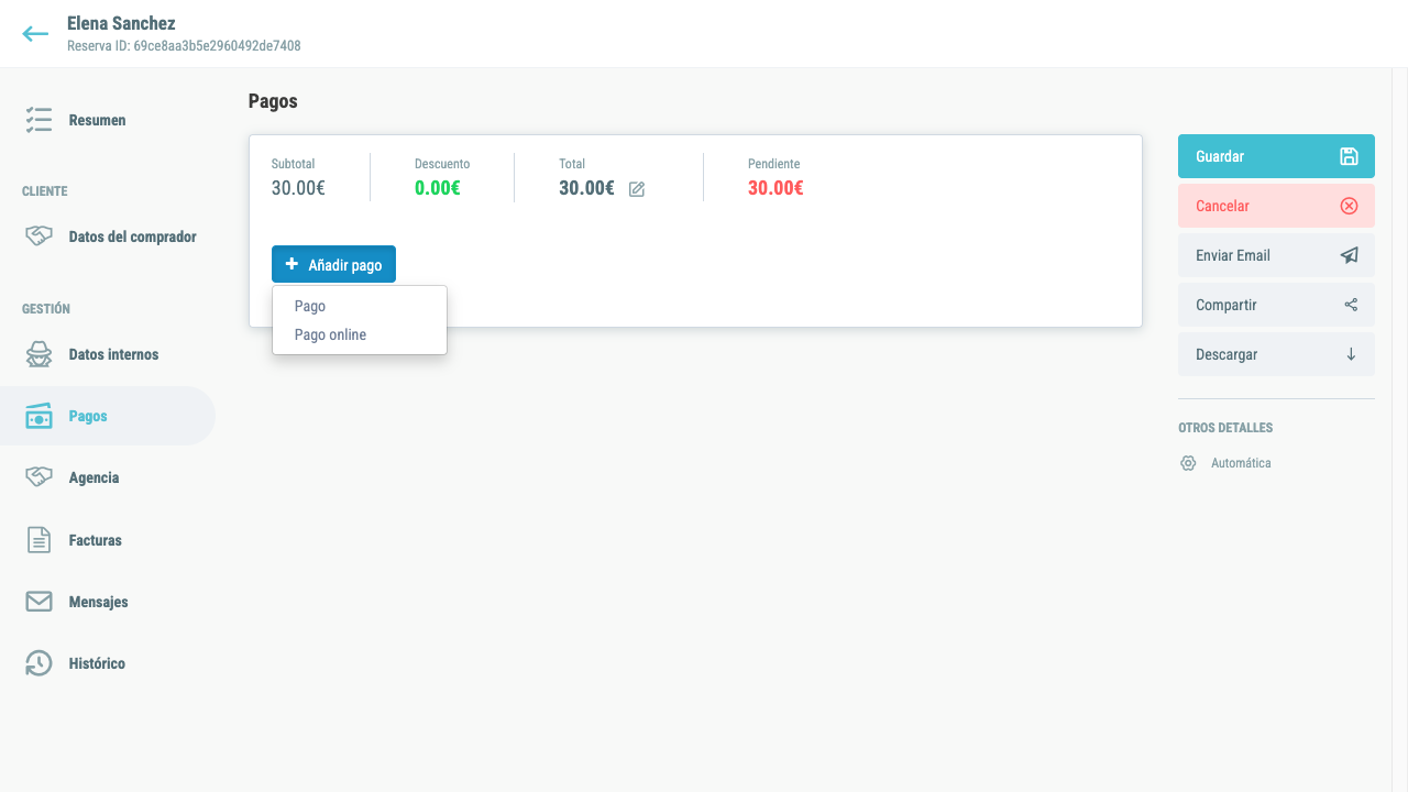 Dropdown de Añadir pago con las opciones Pago y Pago online