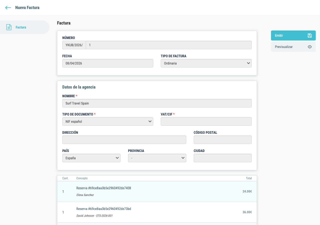 Previsualización de la factura con datos y líneas de concepto