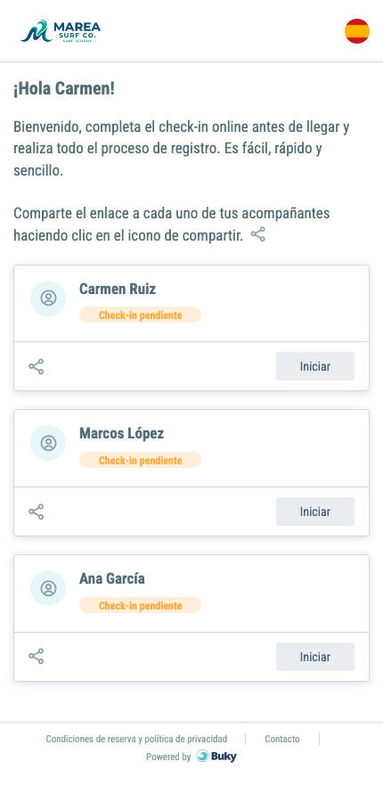 Pantalla de bienvenida del check-in con listado de participantes