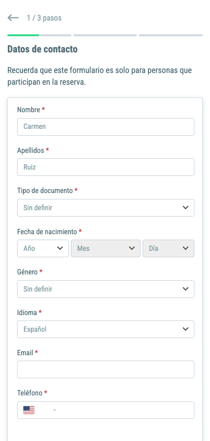 Formulario de datos personales del check-in