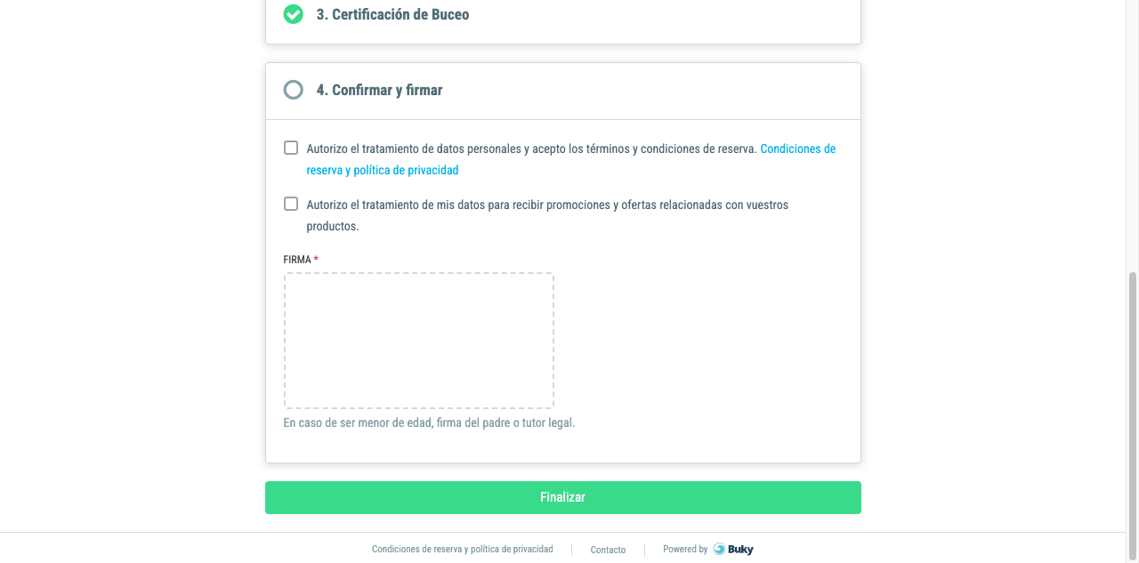 Campo de firma en la pantalla de confirmación del check-in