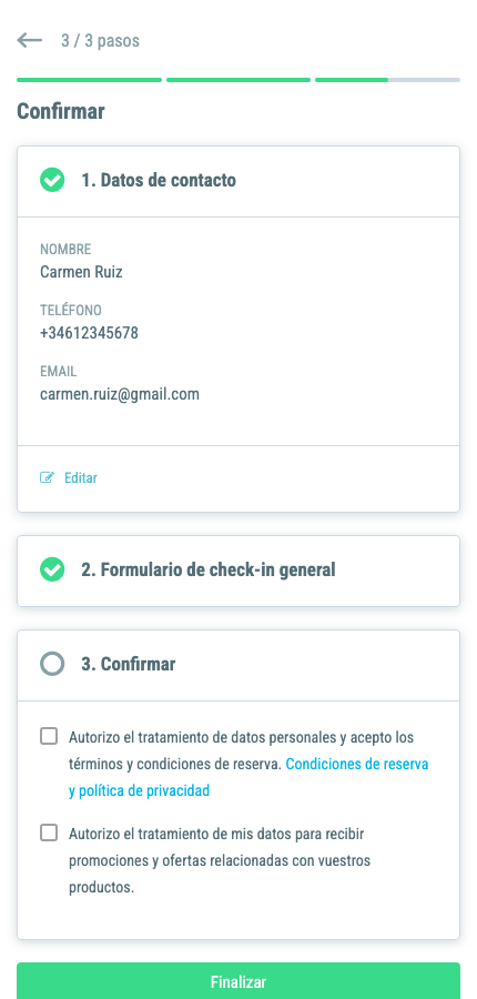 Pantalla de confirmación con resumen de datos y condiciones