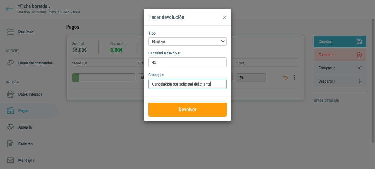 Modal con datos rellenados listo para confirmar