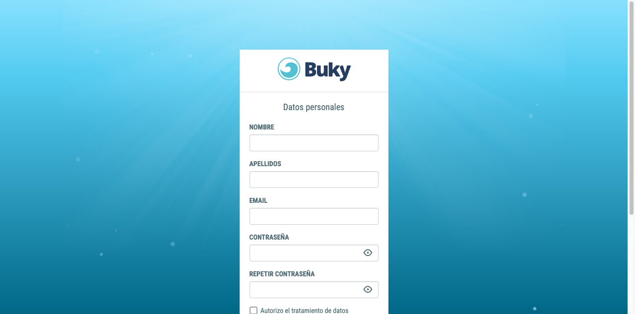 Formulario de registro de BukyApp con los campos de datos personales