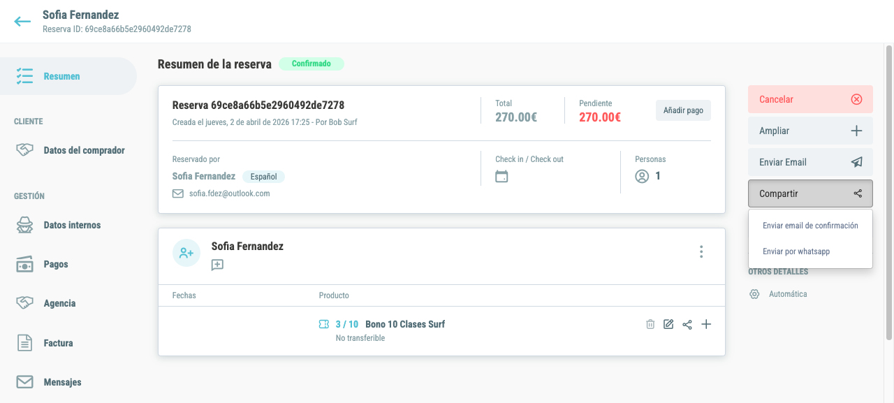 Desplegable del botón Compartir del sidebar con las opciones de confirmación