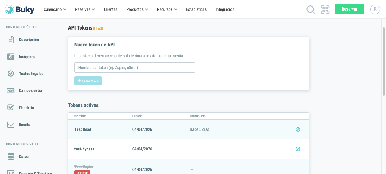 Sección API Tokens en la configuración de Buky