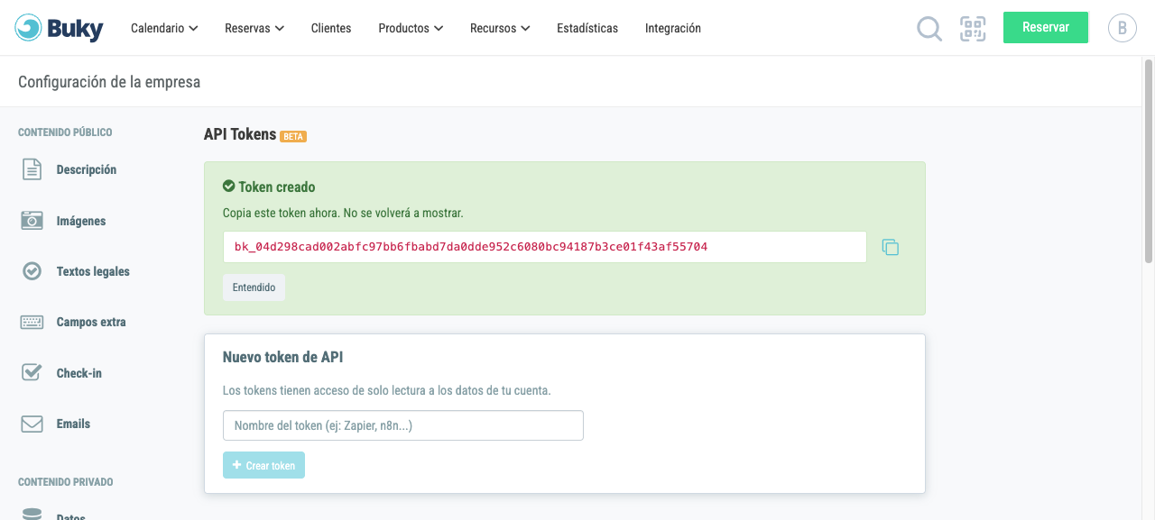Banner con el token recién creado