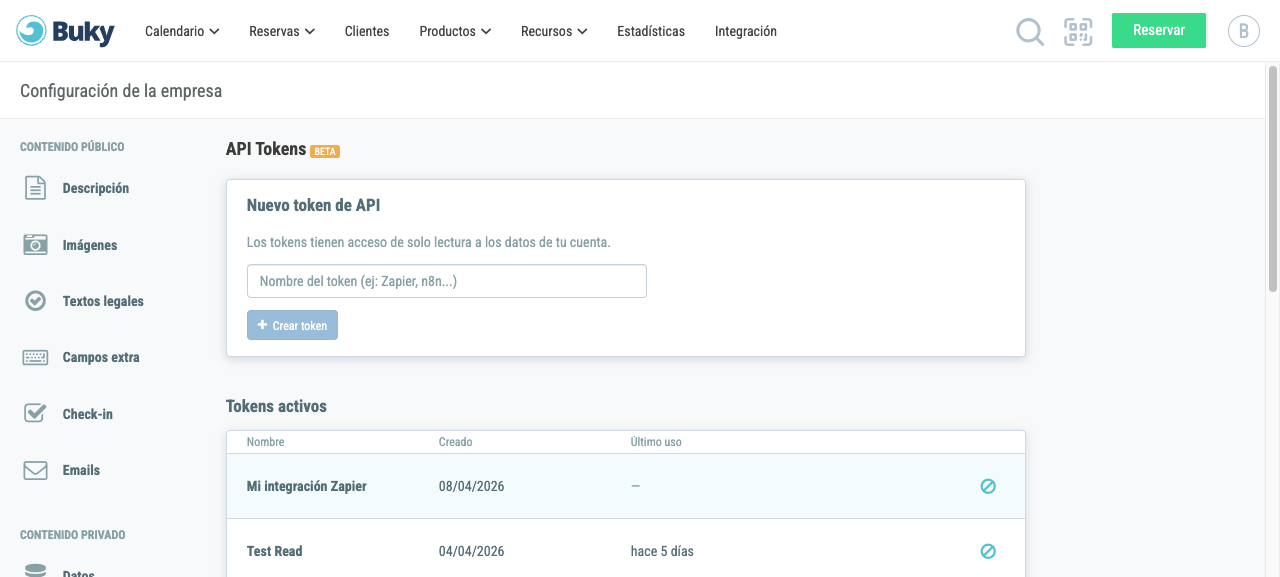 Lista de tokens activos