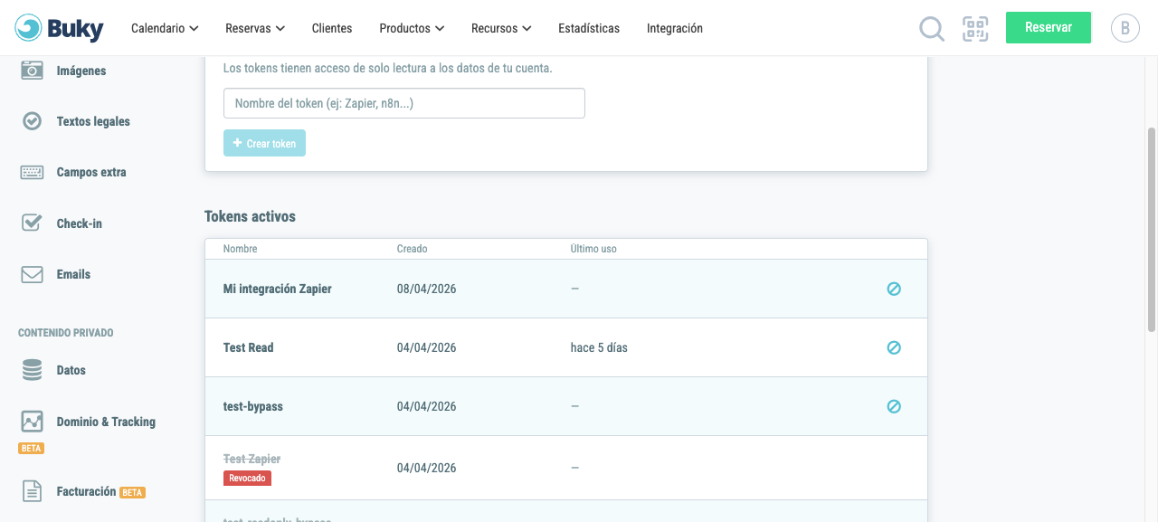 Botón de revocar en la fila del token