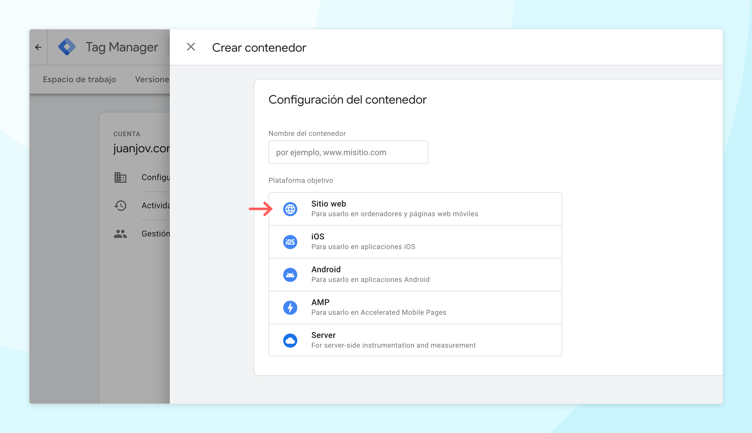 Crear un contenedor en Google Tag Manager y elegir la plataforma «Sitio web».