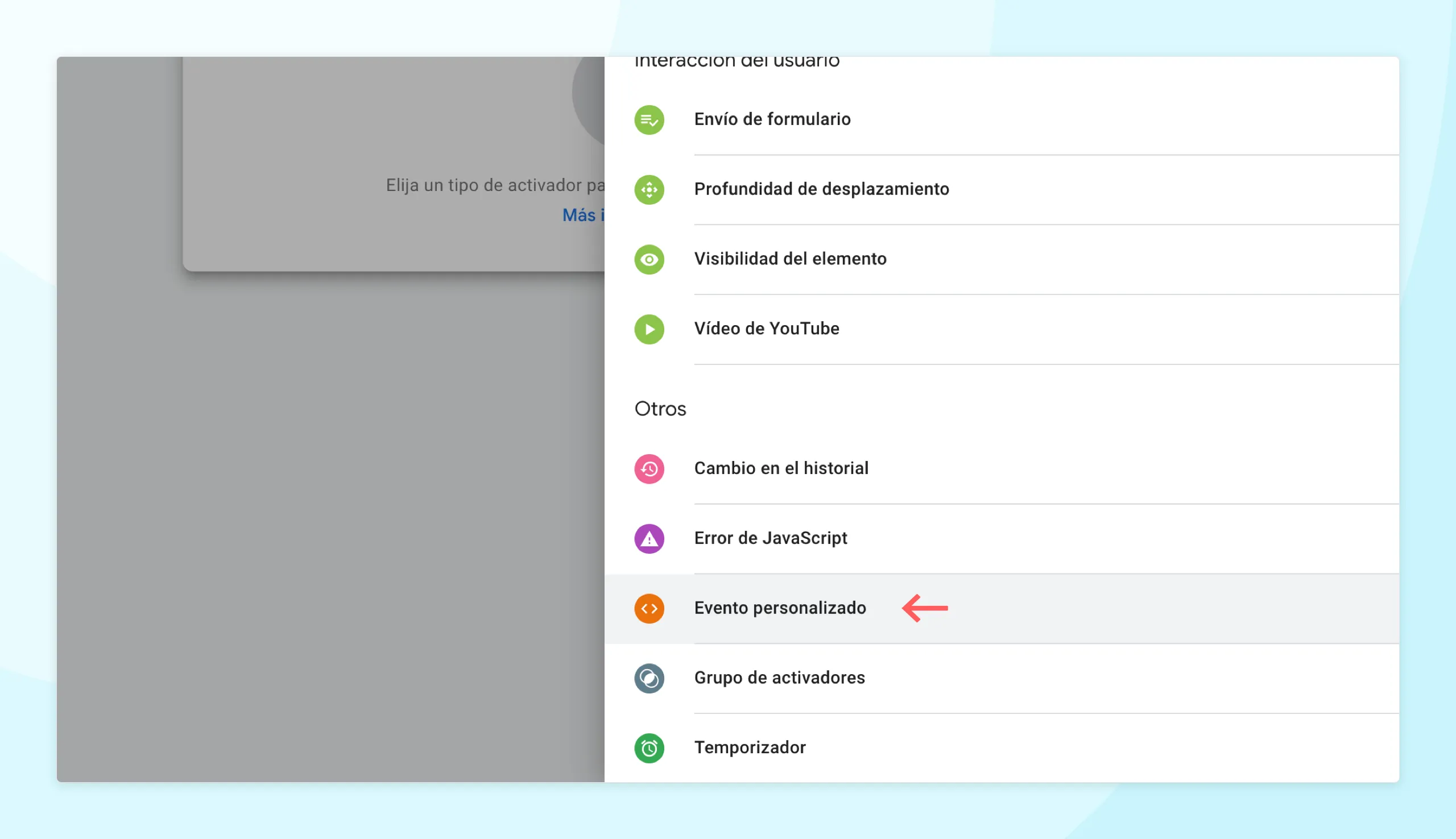 Seleccionar el tipo de activador «Evento personalizado».