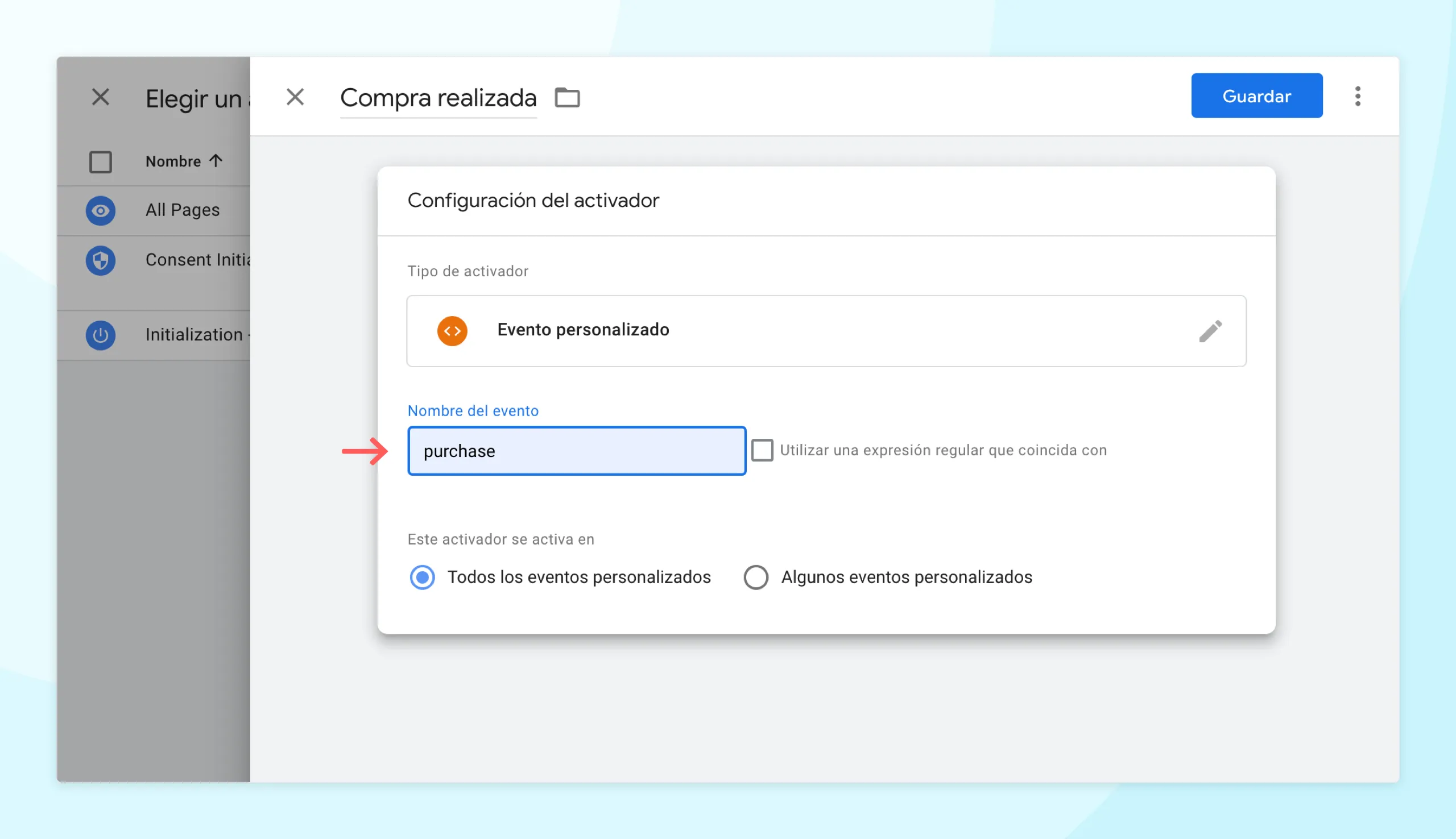 Indicar «purchase» como nombre del evento.