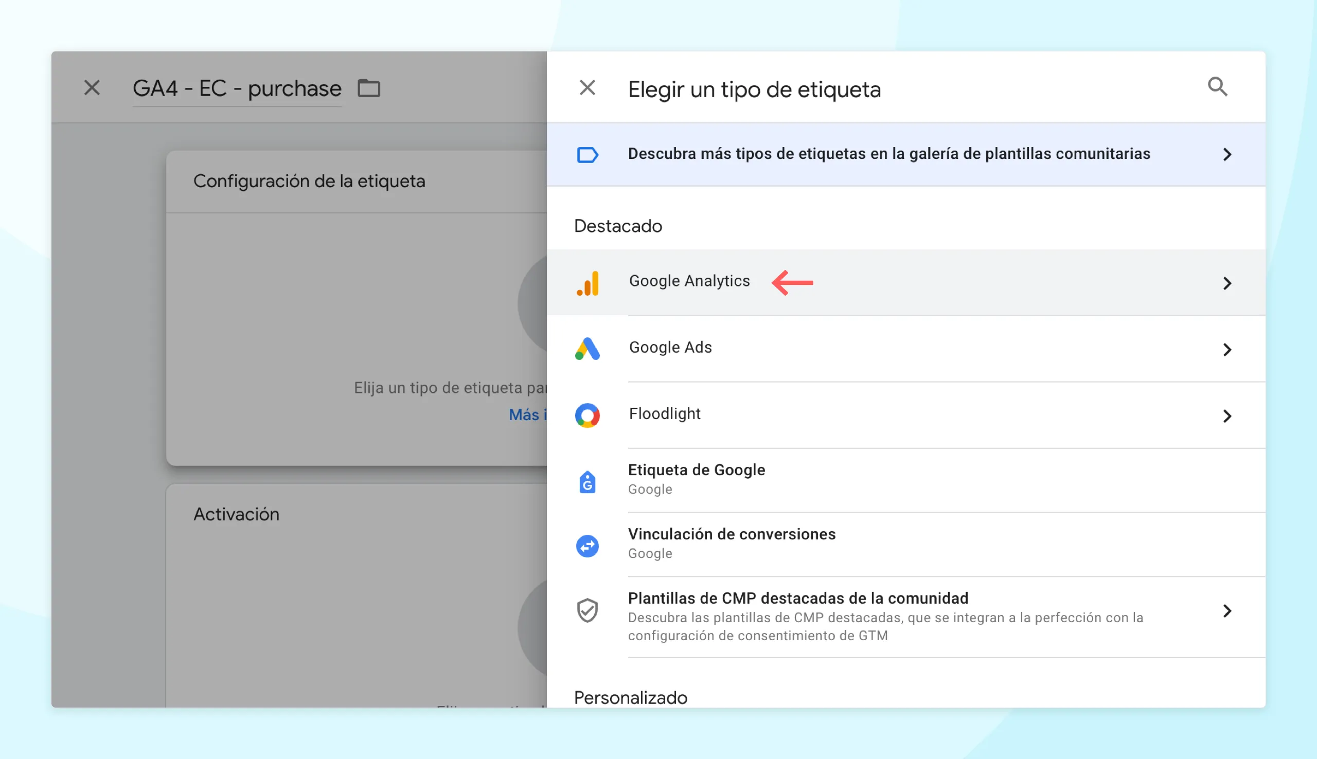 Elegir el tipo de etiqueta «Google Analytics».