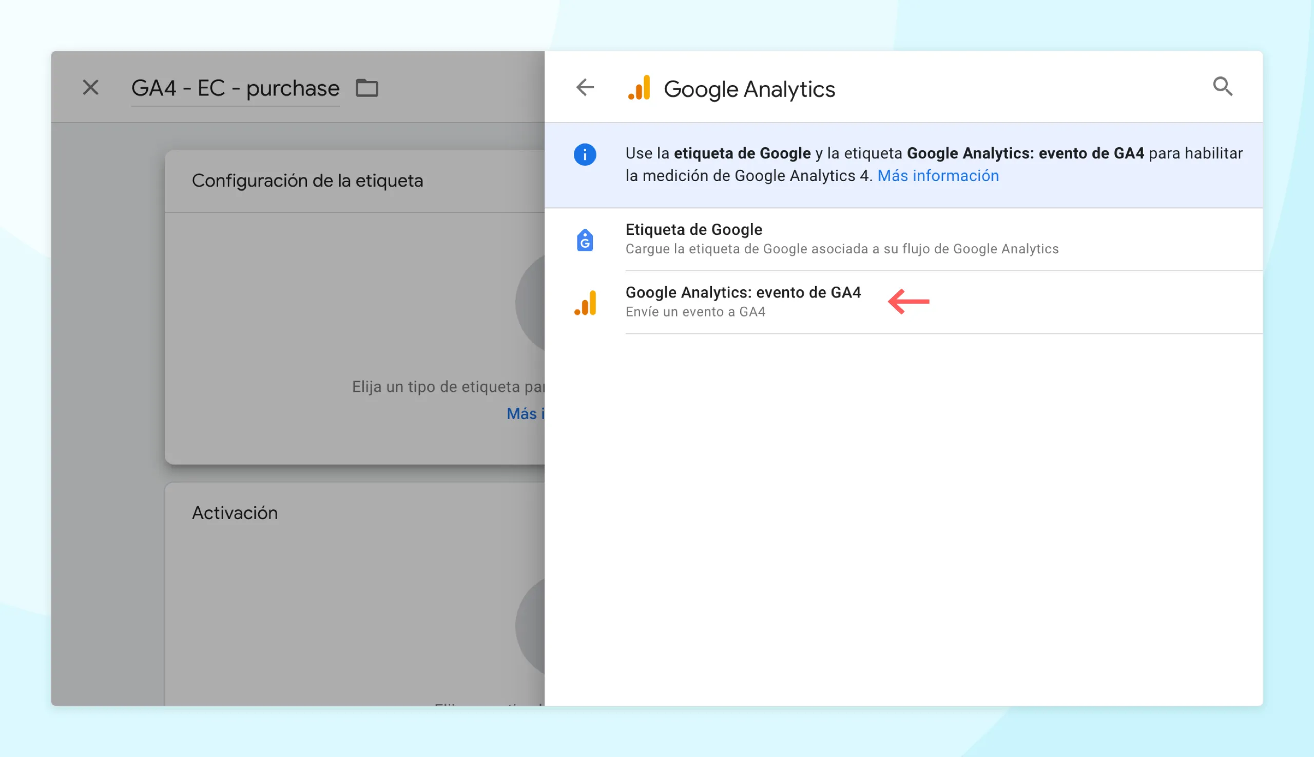 Seleccionar «Google Analytics: evento de GA4».