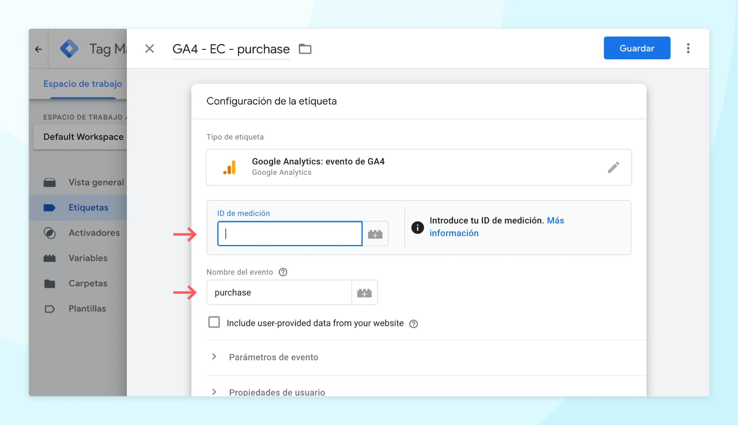 Introducir el ID de medición de GA4 y el nombre de evento «purchase».