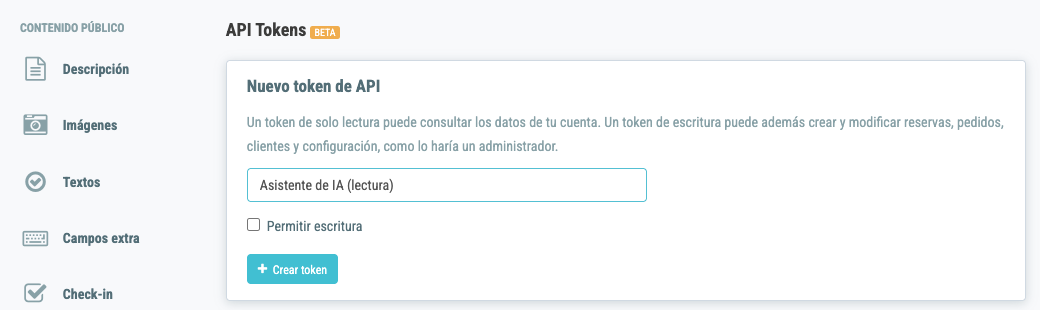 Formulario de creación de un token con la casilla «Permitir escritura» desmarcada