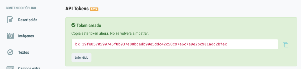 Banner con el token recién generado