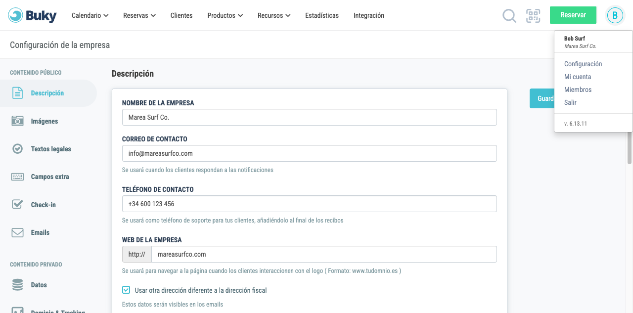 Menú de usuario con la opción de Configuración