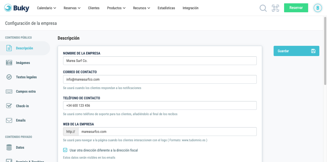 Pestaña Descripción con los datos públicos de la empresa