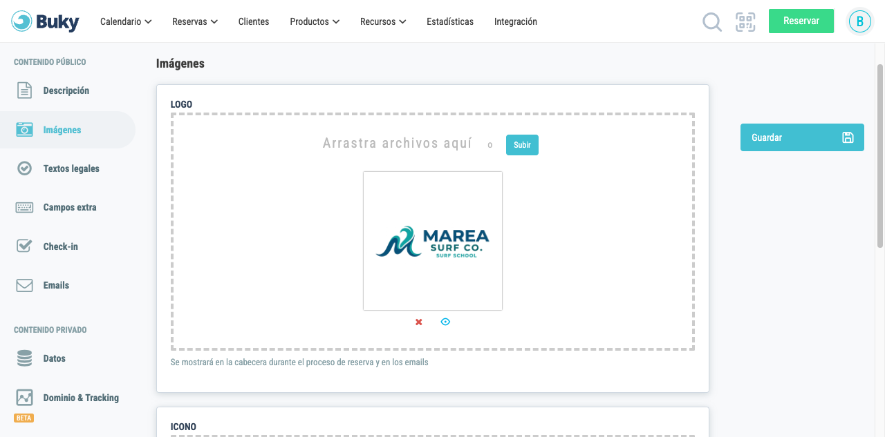 Pestaña Imágenes para subir logo e icono