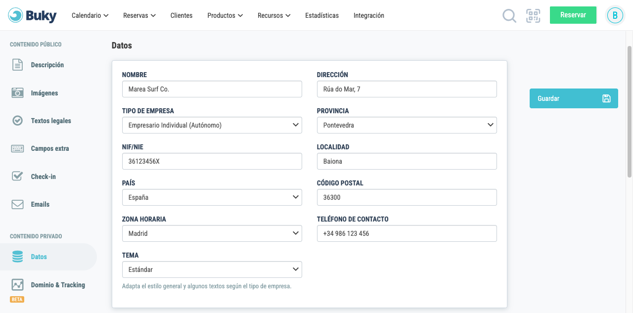 Pestaña Datos con la información fiscal de la empresa