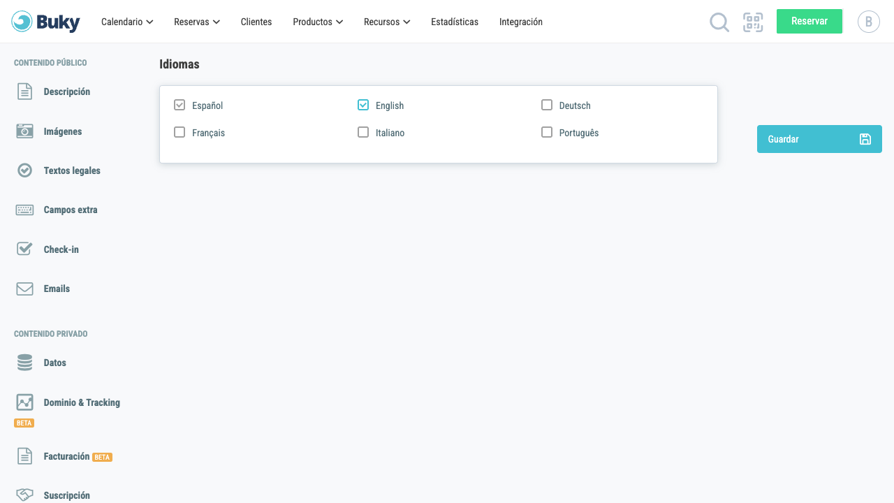 Panel de idiomas en la configuración de Buky