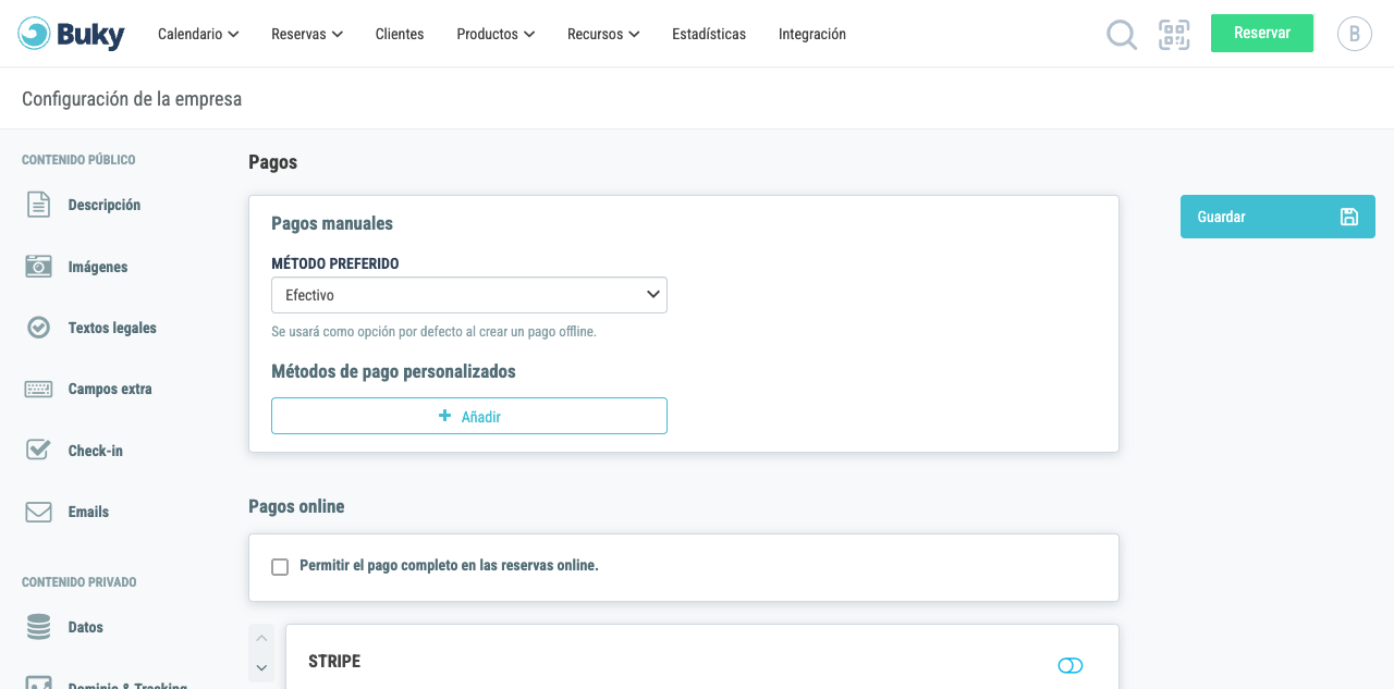 Vista general de la configuración de pagos