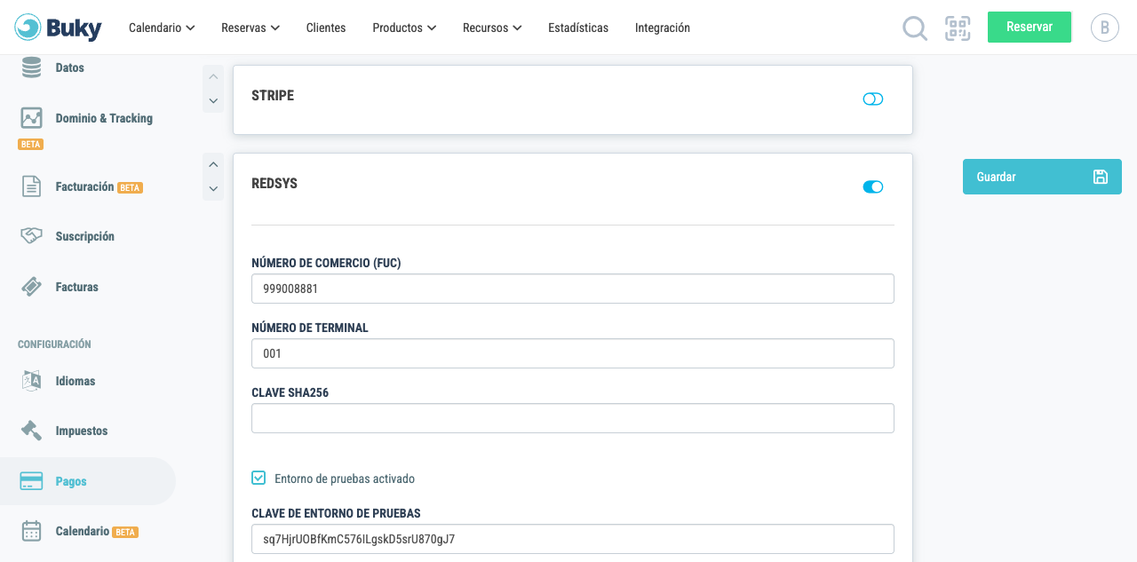 Configuración de Redsys en el admin