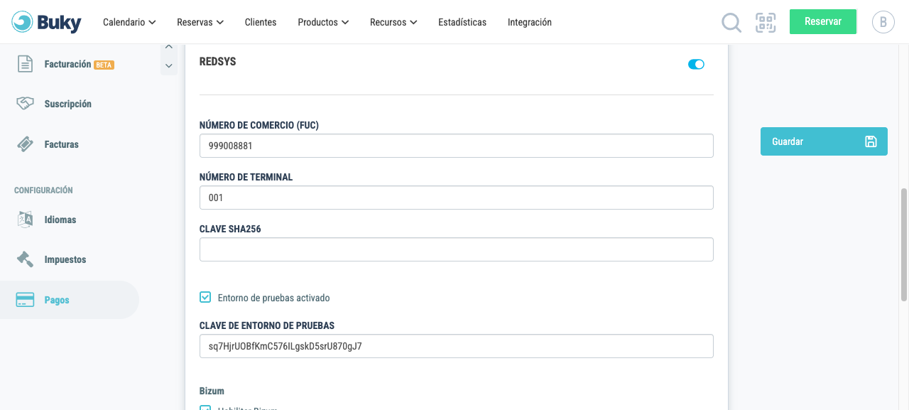 Formulario de configuración de Redsys con todos los campos